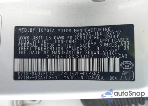 2012 Toyota Corolla S/Le z USA, uszkodzony, nr VIN 2T1BU4EE5CC810467